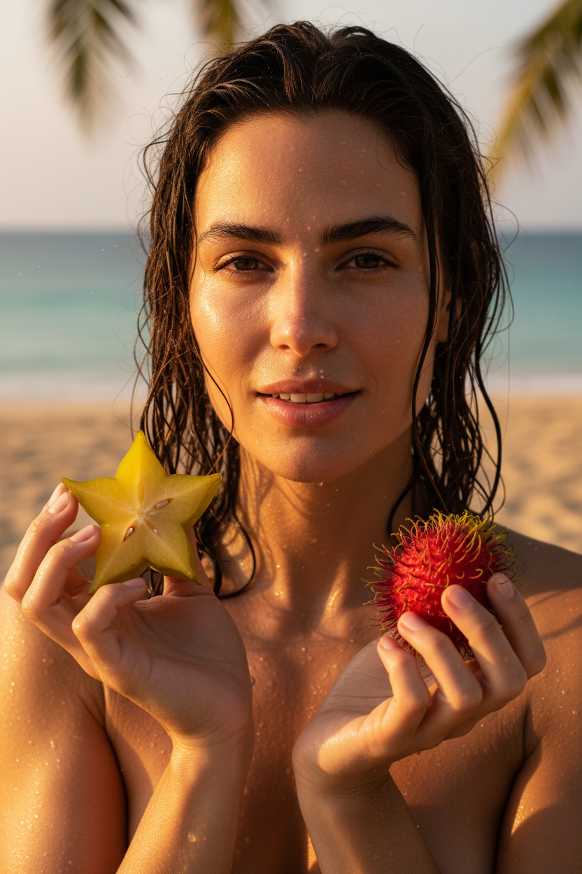 Beach portrait with tropical fruit