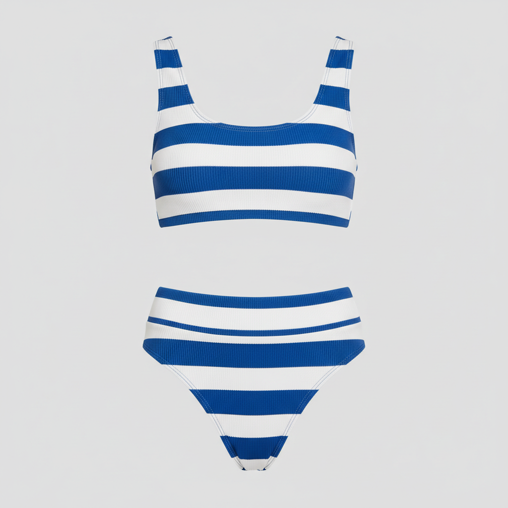 Signature Rib Bikini Set in Ocean Blue & White — Front View