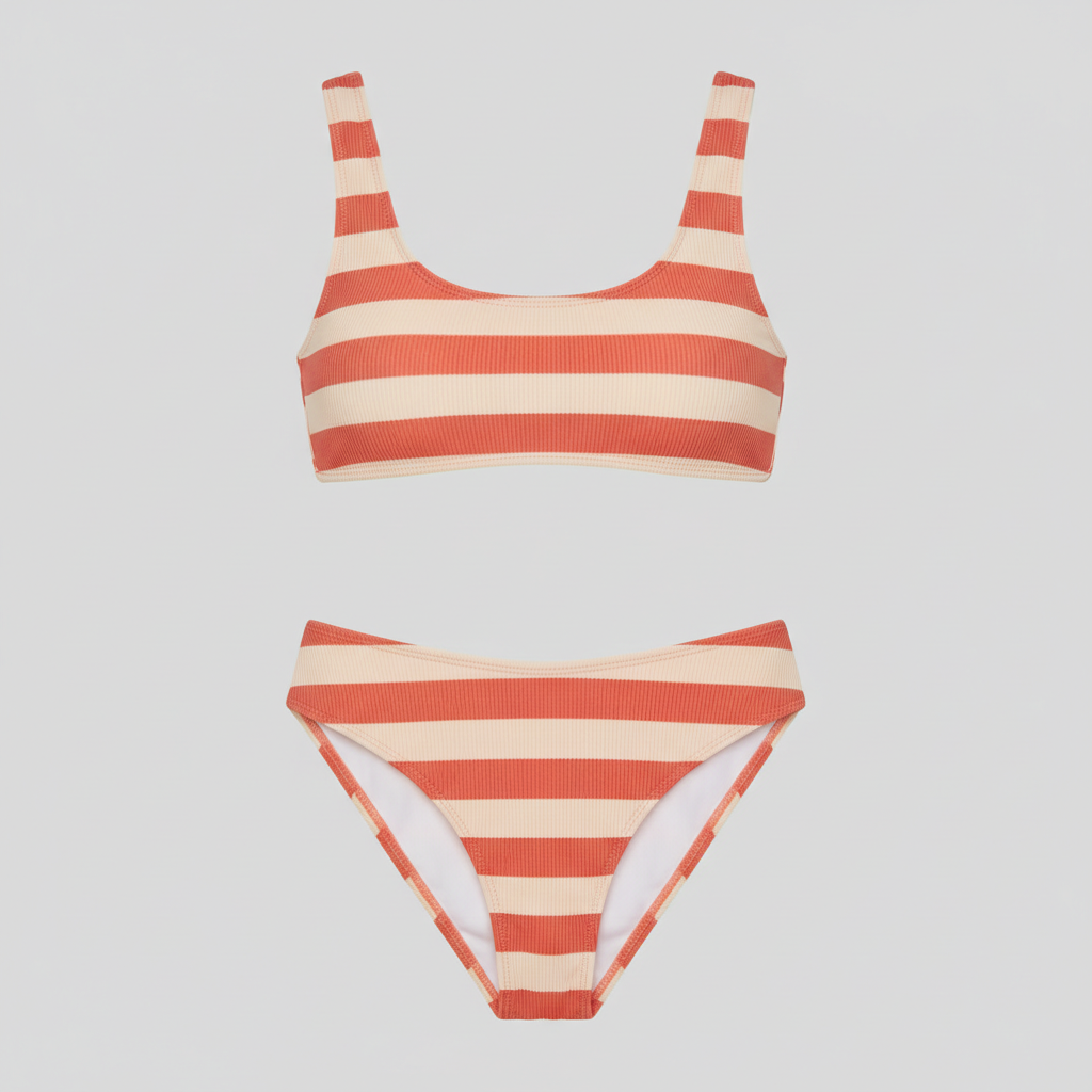 Signature Rib Bikini Set in Coral Pink & Cream — Front View