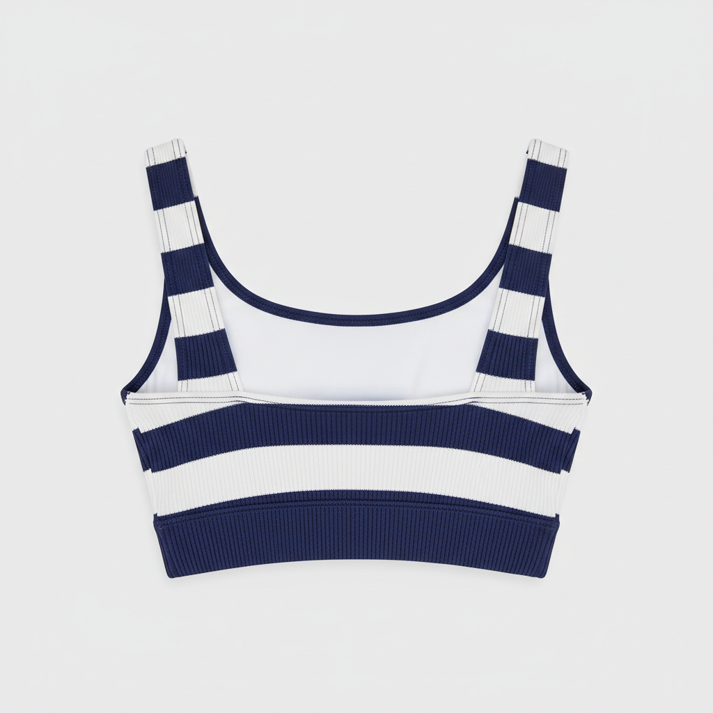 Ocean Blue and White ribbed swim crop top back view