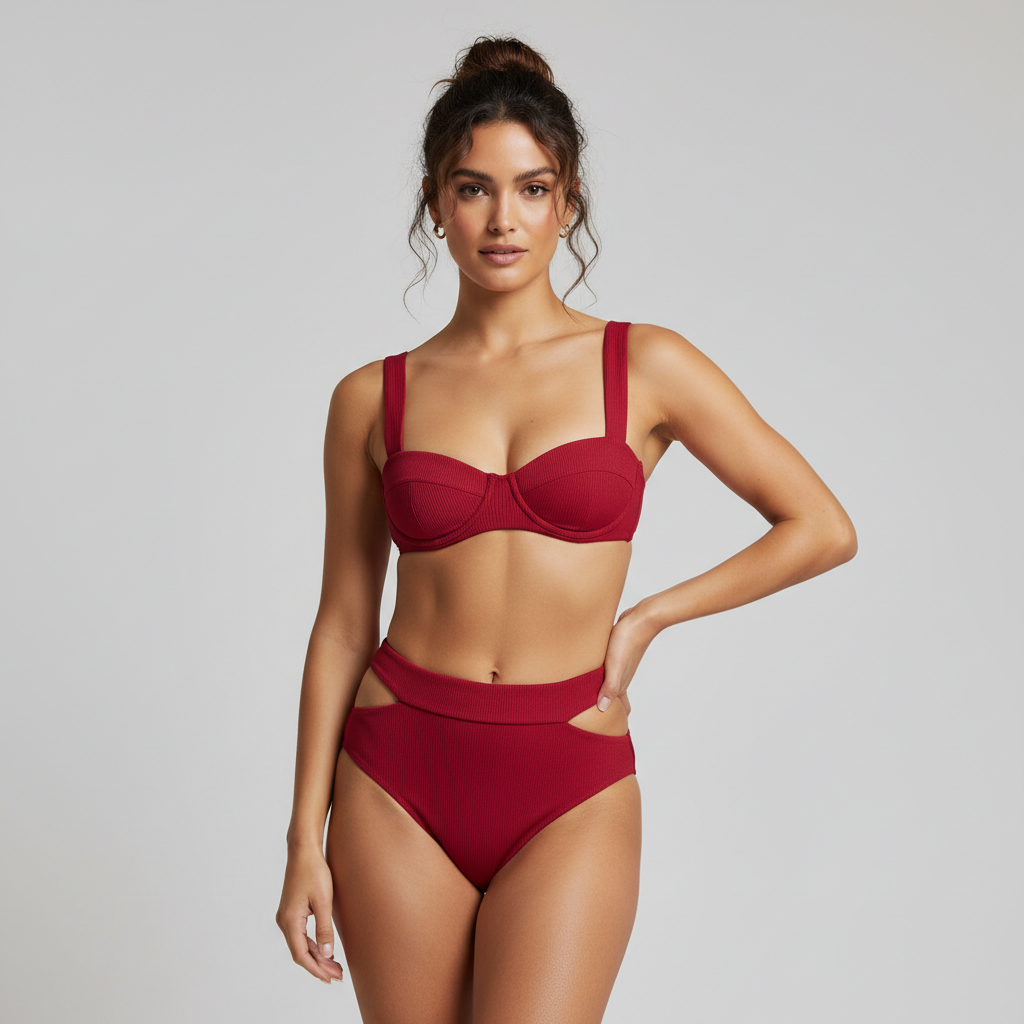 Female model wearing Azure Escape Bikini in Ruby Red