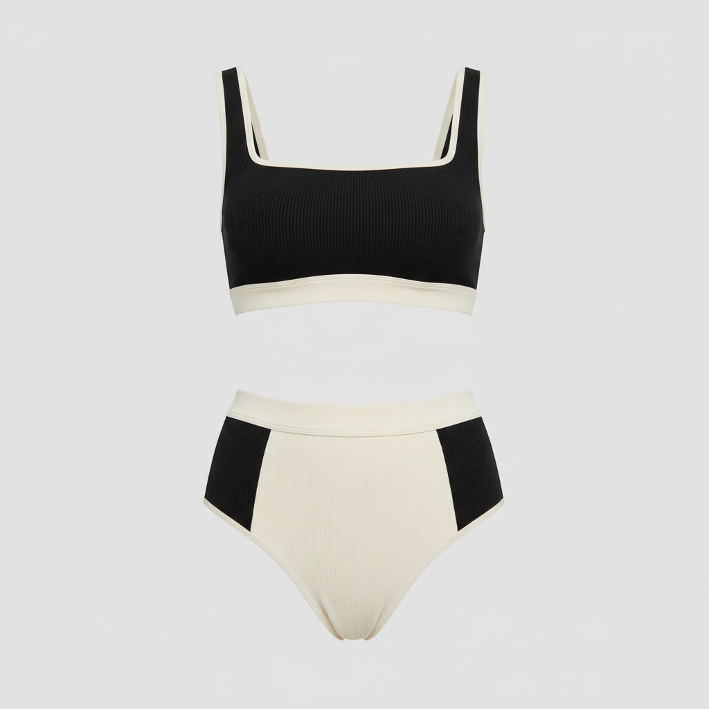 Signature Rib Bikini Set in Black & Ivory — Front View