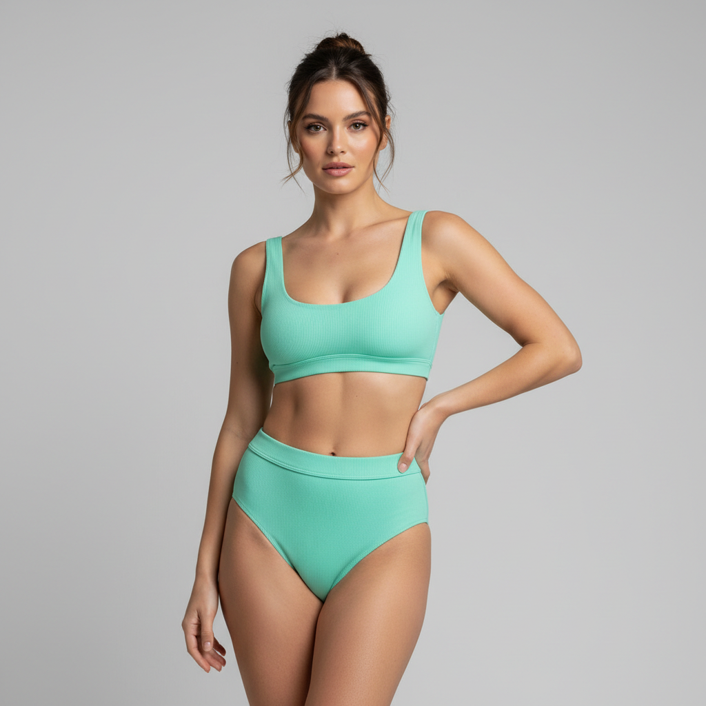 Female model wearing Azure Escape Bikini in Mint Green