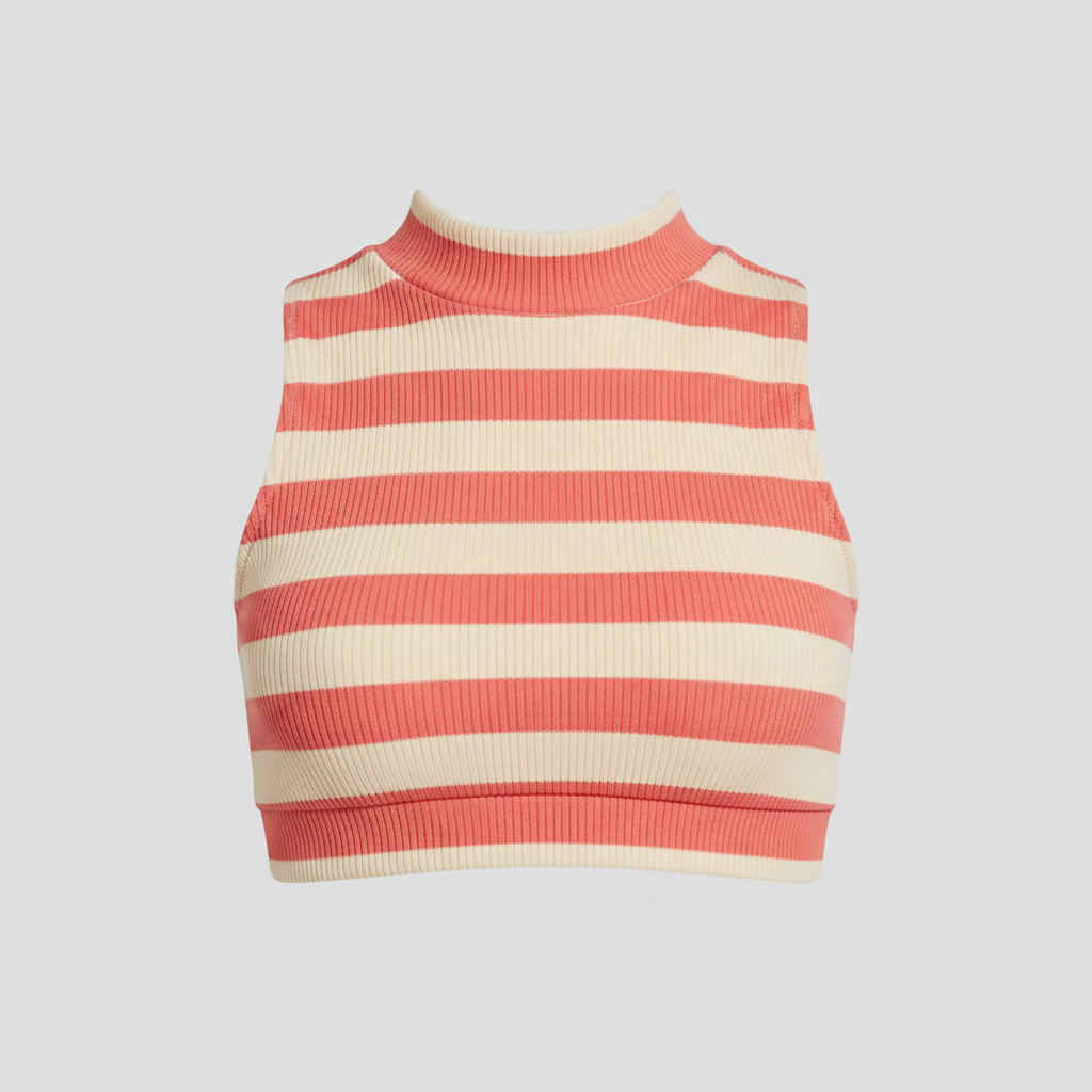 Coral Pink and Cream ribbed swim crop top hero shot