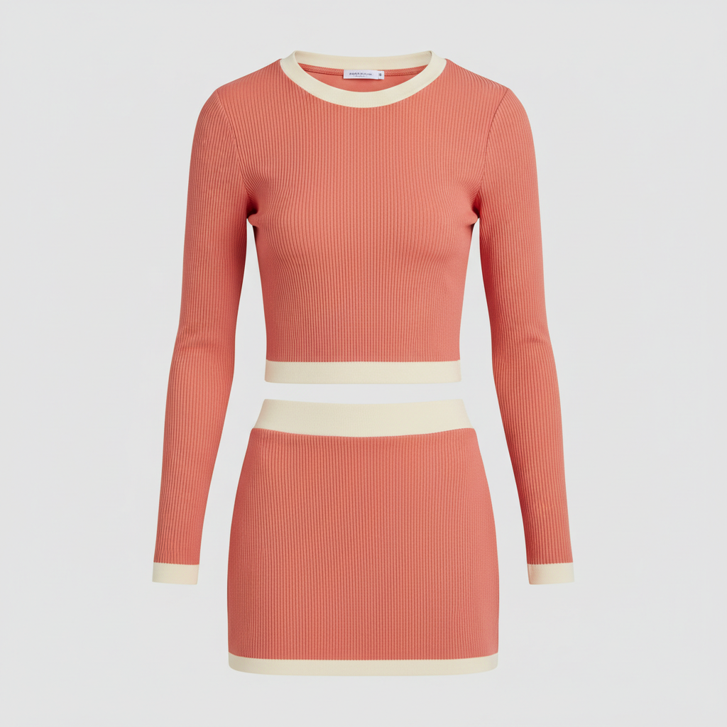 Contrast Knit Swim Set in Coral Pink & Cream - Front View