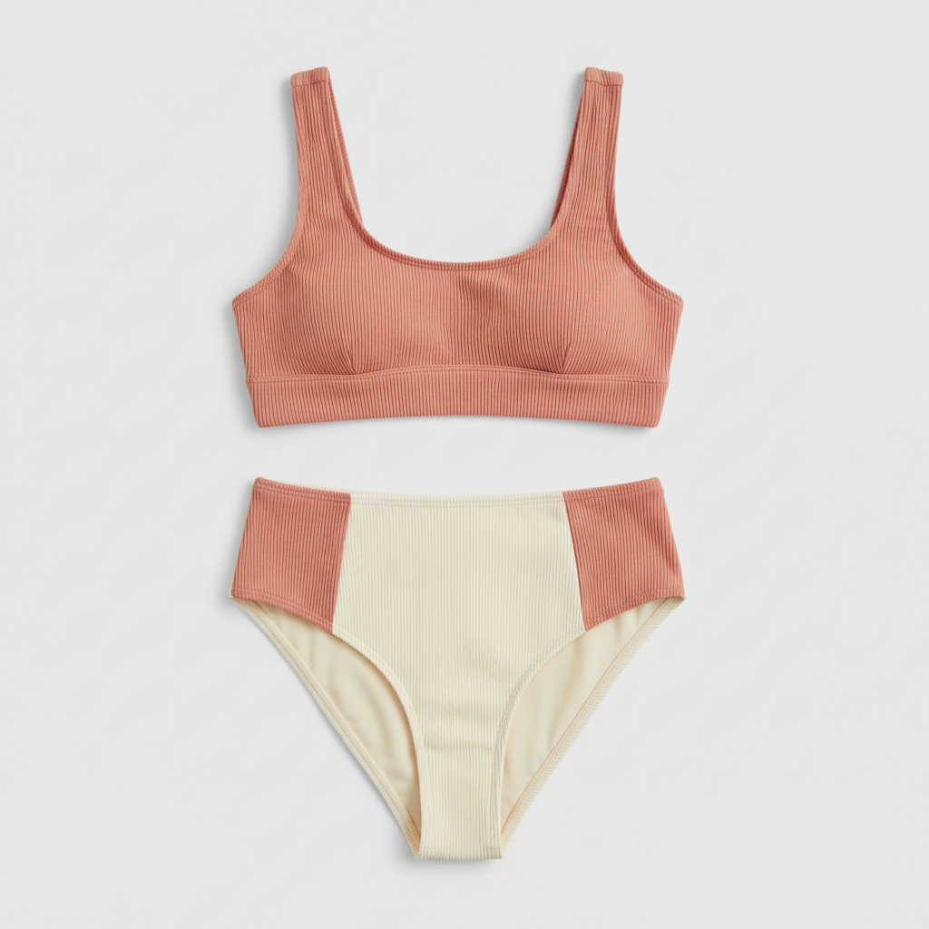Signature Rib Bikini Set in Coral Pink & Cream — Hero Shot