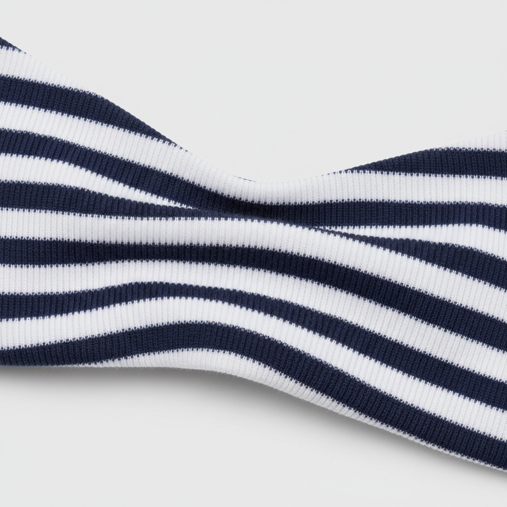 Ocean Blue and White ribbed swim crop top fabric close-up