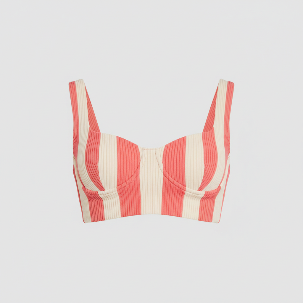 Coral Pink and Cream ribbed swim crop top front view