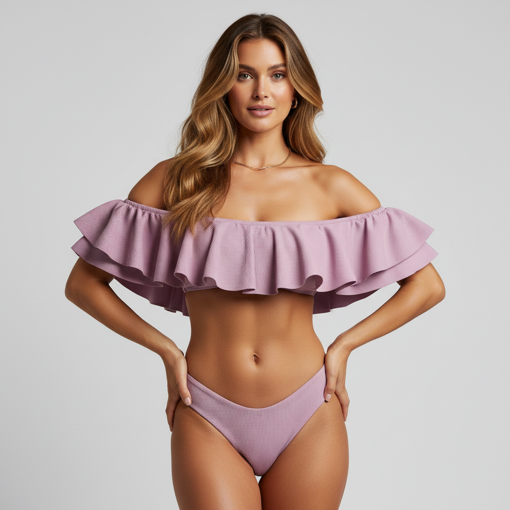 Female model wearing Off Shoulder Ruffle Bikini Top in Lavender Pink