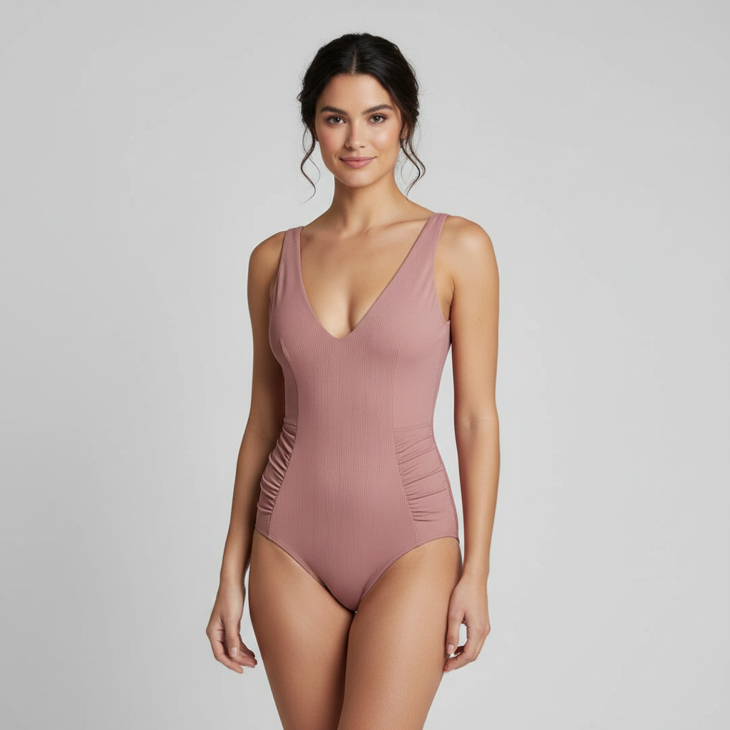Female model wearing Ocean Breeze One-Piece in Rose Mauve