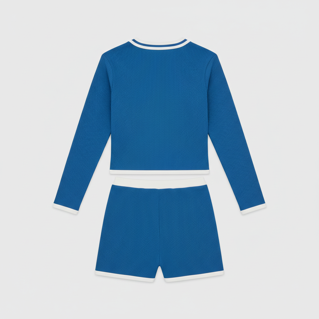 Contrast Knit Swim Set in Ocean Blue & White - Back View