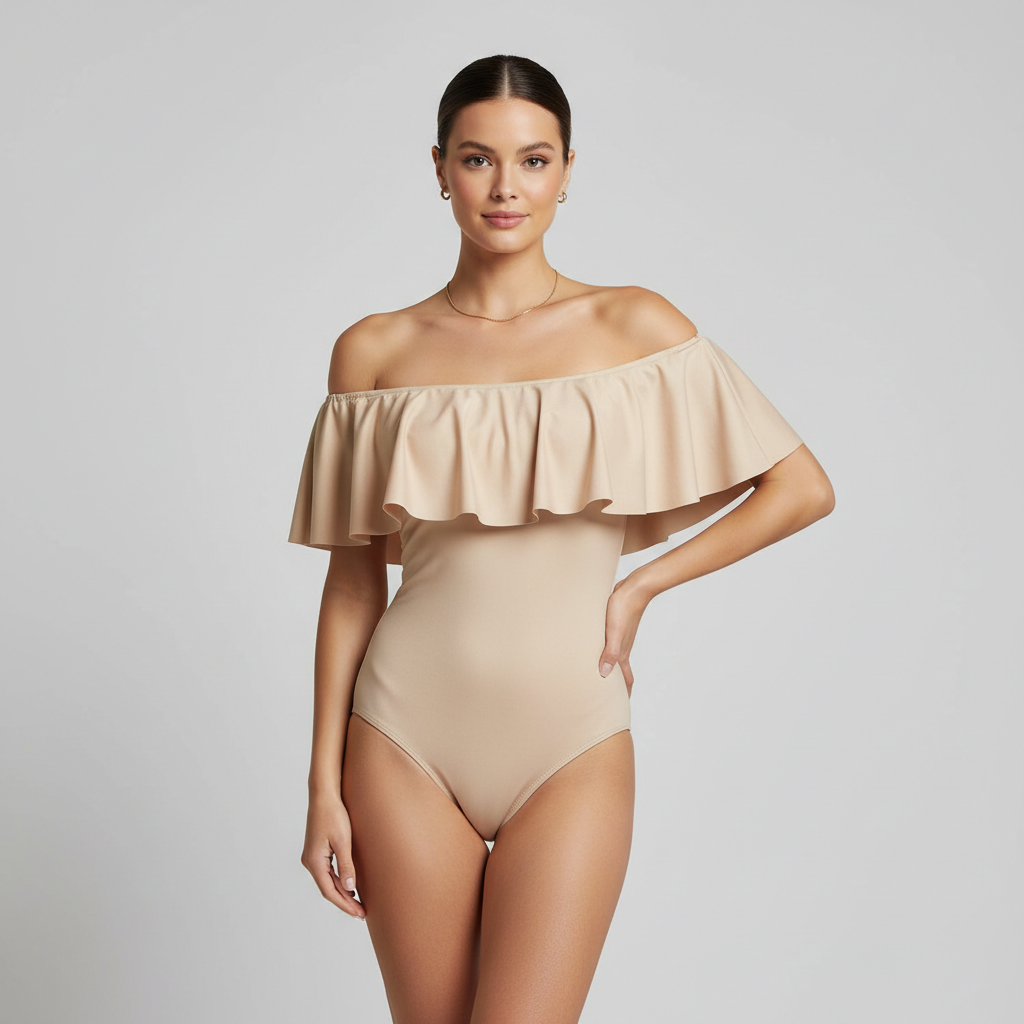 Female model wearing Sleek Swimsuit in Champagne Gold