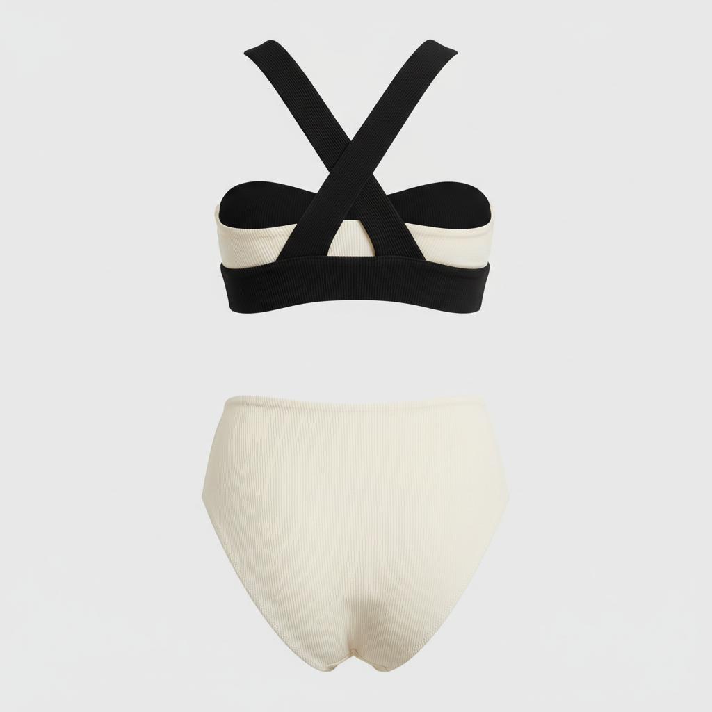 Signature Rib Bikini Set in Black & Ivory — Back View