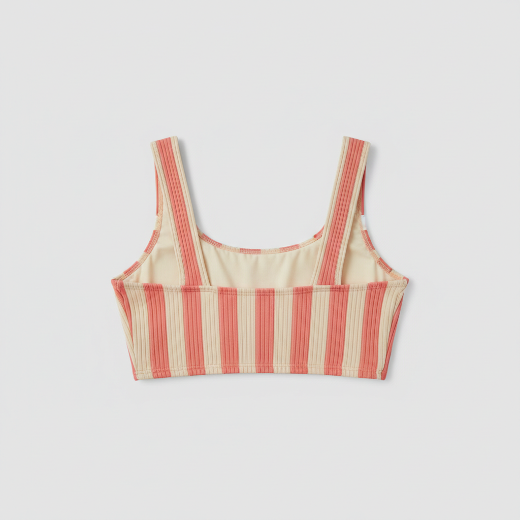 Coral Pink and Cream ribbed swim crop top back view