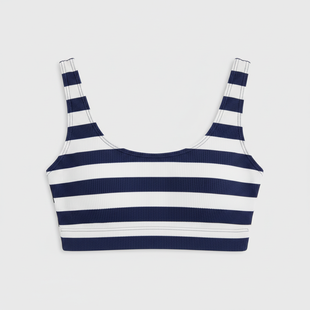 Ocean Blue and White ribbed swim crop top hero shot