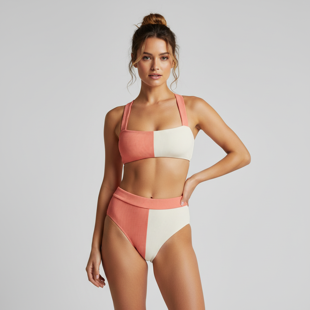 Signature Rib Bikini Set in Coral Pink & Cream — Female Model