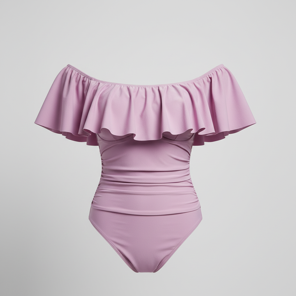 Off Shoulder Ruffle Bikini Top in Lavender Pink – Front view