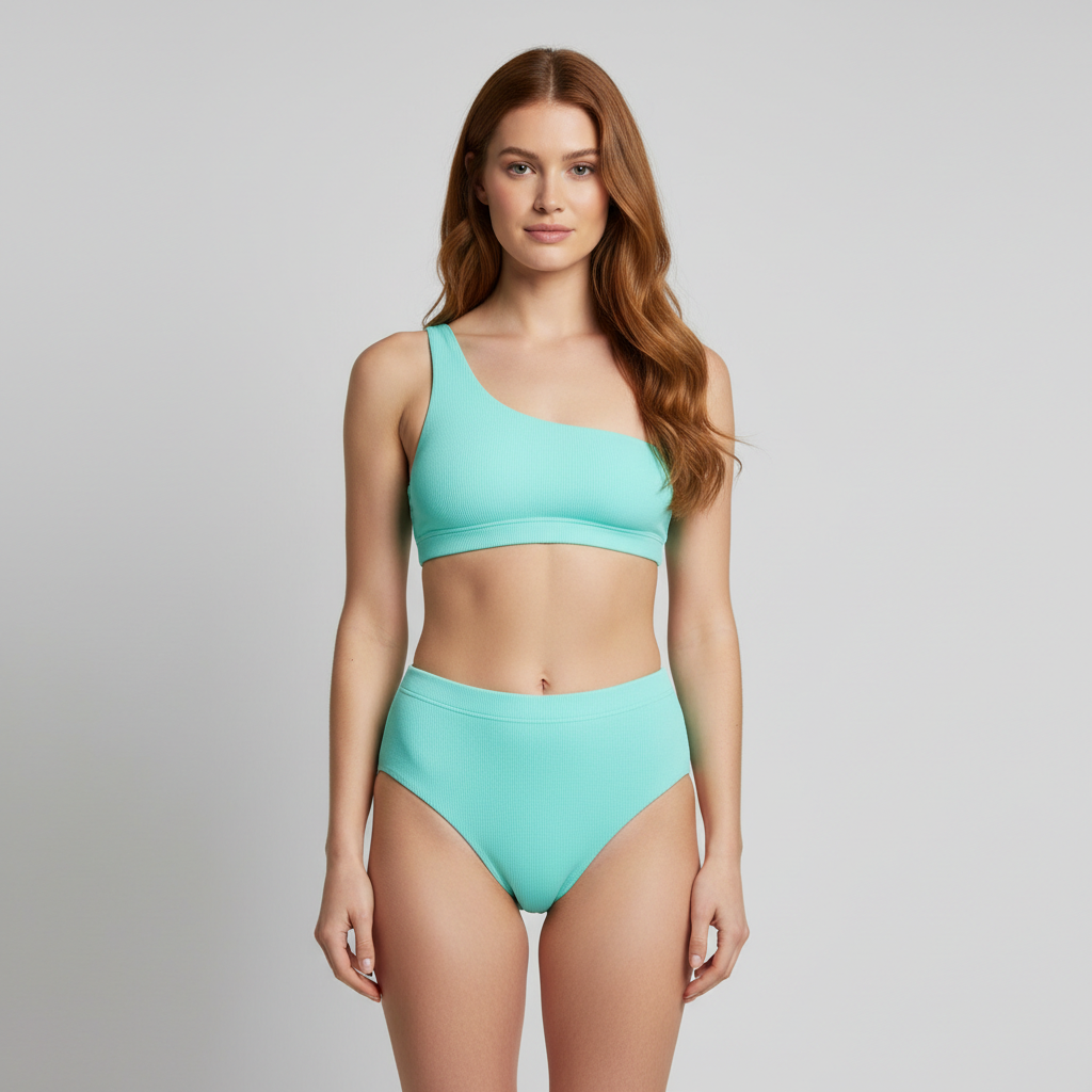 Female model wearing Sunset High-Waist Bikini Set in Aqua Mint