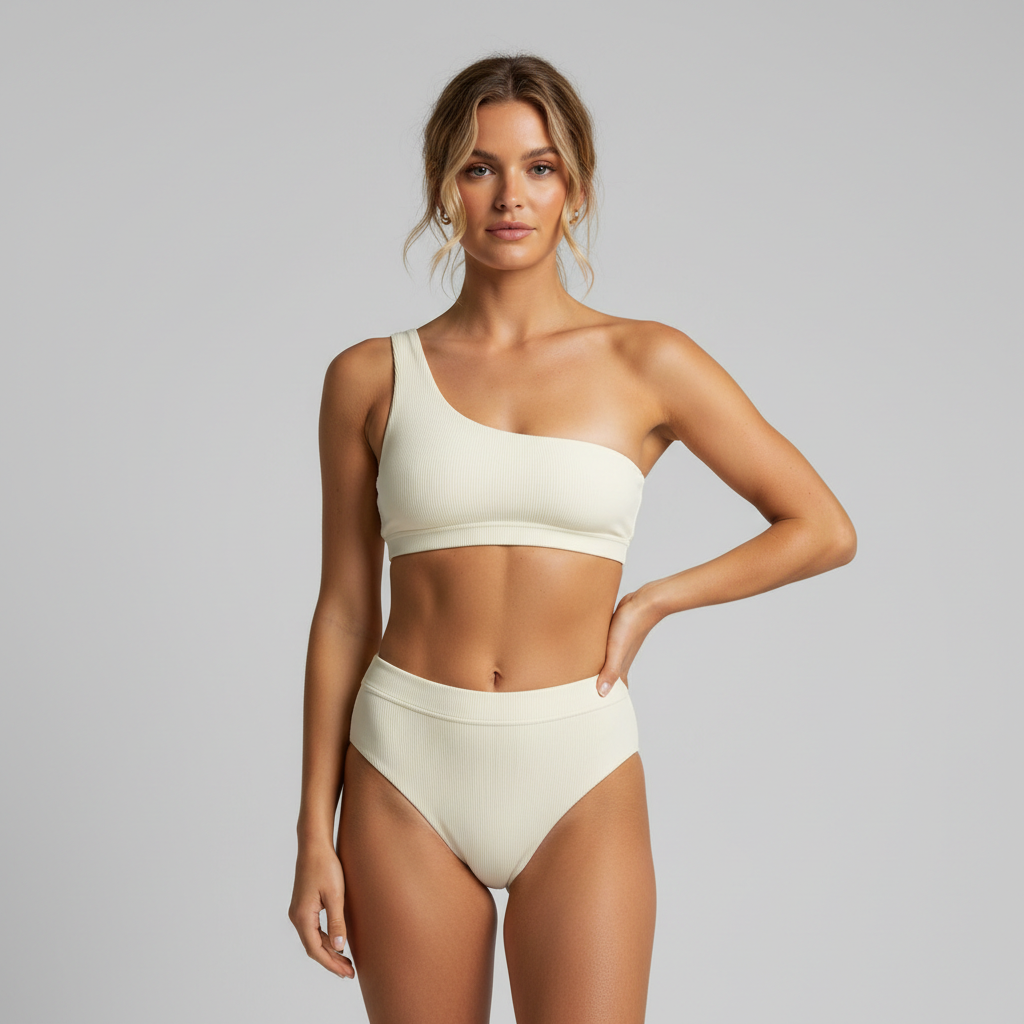 Female model wearing Sunset High-Waist Bikini Set in Ivory Cream
